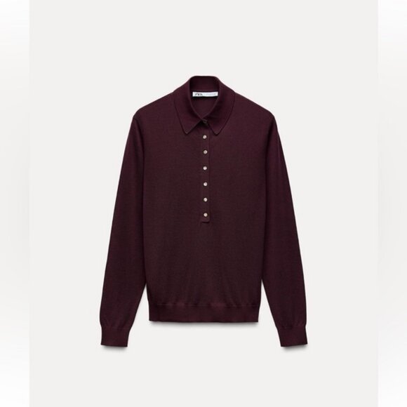 ZARA BUTTONED KNIT POLO TOP - Picture 7 of 9